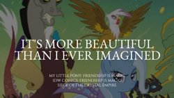 Size: 1280x720 | Tagged: safe, derpibooru import, edit, editor:quoterific, idw, discord, gilda, thorax, trixie, changeling, draconequus, griffon, pony, unicorn, siege of the crystal empire, cape, clothes, female, male, mare, open mouth, text, trixie's cape