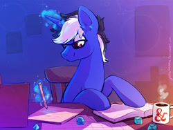 Size: 1024x768 | Tagged: safe, artist:joellethenose, derpibooru import, oc, oc only, pony, unicorn, book, chair, dice, glasses, indoors, magic, male, mug, pencil, signature, sitting, solo, stallion, telekinesis