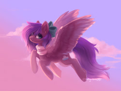 Size: 1024x768 | Tagged: safe, artist:joellethenose, derpibooru import, oc, oc only, pegasus, pony, bow, clothes, cloud, female, flying, hair bow, looking at you, mare, scarf, signature, sky, smiling, solo, spread wings, wings