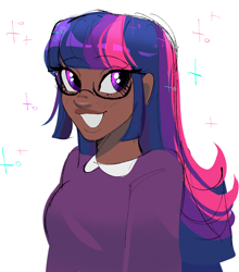 Size: 1280x1452 | Tagged: safe, artist:pygmimi, derpibooru import, twilight sparkle, human, g4, beautiful, best pony, blackwashing, blushing, clothes, cute, dark skin, female, glasses, grin, humanized, looking to side, looking to the right, nerd, open mouth, simple background, sketch, smiling, solo, sparkles, sweater vest, twiabetes, unfinished art