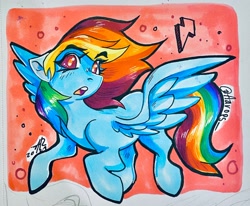 Size: 2048x1686 | Tagged: safe, artist:aarops, derpibooru import, rainbow dash, pegasus, pony, blushing, ears, floppy ears, flying, looking at you, open mouth, solo, spread wings, surprised, traditional art, wings