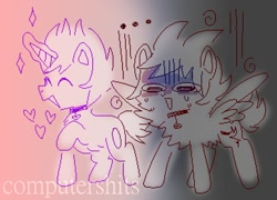 Size: 1062x765 | Tagged: safe, artist:computershits, derpibooru import, pegasus, pony, unicorn, chest fluff, choker, crossover, eddsworld, fluffy, gradient background, happy, heart, lightly watermarked, male, nervous, ponified, shocked, simple background, sparkles, spread wings, sweat, sweating profusely, watermark, wings