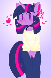 Size: 1176x1800 | Tagged: safe, artist:computershits, derpibooru import, twilight sparkle, unicorn twilight, anthro, unicorn, bra, bra strap, choker, clothes, female, hair accessory, heart, jeans, lightly watermarked, pants, simple background, smiling, solo, sparkles, sparkly eyes, sweater, underwear, watermark, wingding eyes