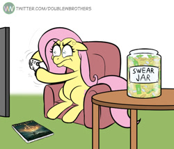 Size: 575x492 | Tagged: safe, artist:doublewbrothers, derpibooru import, fluttershy, pegasus, pony, coin, cross-popping veins, elden ring, gamershy, money, playing, sofa, swear jar