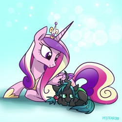 Size: 2048x2048 | Tagged: safe, artist:pfeffaroo, derpibooru import, princess cadance, queen chrysalis, alicorn, changeling, nymph, pony, duo, female, filly, filly queen chrysalis, foal, lying down, prone, younger