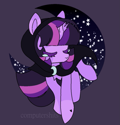 Size: 835x875 | Tagged: safe, artist:computershits, derpibooru import, twilight sparkle, unicorn twilight, unicorn, fanfic:friendship is tragic, broken horn, cloak, clothes, crying, eyes closed, female, floating, friendship is tragic (obabscribbler), hoof heart, horn, lightly watermarked, moon, simple background, solo, stars, watermark