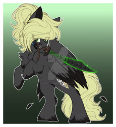 Size: 1600x1741 | Tagged: safe, artist:krypticquartz, derpibooru import, oc, oc only, oc:veen sundown, pegasus, pony, bipedal, feather, female, magic, mare, mouth hold, simple background, smug, solo, sundown clan, sword, weapon