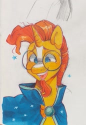 Size: 1416x2057 | Tagged: safe, artist:goulpaa, derpibooru import, sunburst, pony, unicorn, cape, clothes, glasses, male, marker drawing, open mouth, open smile, simple background, smiling, solo, stallion, traditional art, white background