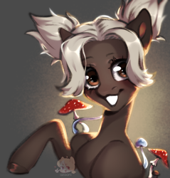 Size: 1924x2016 | Tagged: safe, artist:azaani, derpibooru import, oc, oc only, earth pony, pony, bust, earth pony oc, female, looking at you, mare, mushroom, portrait, smiling, solo