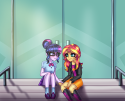 Size: 1880x1520 | Tagged: safe, artist:opal_radiance, derpibooru import, sci-twi, sunset shimmer, twilight sparkle, equestria girls, duo, frown, holding hands, looking at each other, looking at someone, sitting, smiling