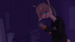 Size: 1584x892 | Tagged: safe, artist:hitsuji, derpibooru import, oc, oc:shio (hitsuji), alpaca, anthro, them's fightin' herds, alleyway, beanie, clothes, cloven hooves, community related, dumpster, hat, hoodie, lol, missing poster, smoking, solo, tfh oc, trash can