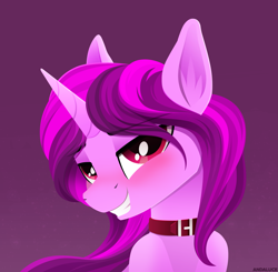 Size: 2919x2862 | Tagged: safe, artist:andaluce, derpibooru import, oc, oc only, unicorn, blushing, bust, collar, colt, ear fluff, ears, femboy, gradient background, lineless, male, smiling, solo