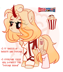 Size: 2070x2372 | Tagged: safe, artist:idkhesoff, derpibooru import, oc, oc only, oc:salty sweet, pony, unicorn, belt, candy, chocolate, clothes, coat markings, curved horn, ear piercing, earring, female, fishnets, food, freckles, horn, jewelry, kit-kat, mare, nose piercing, nose ring, piercing, popcorn, reference sheet, shirt, simple background, socks, solo, sweets, white background