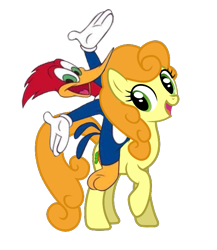 Size: 627x723 | Tagged: safe, edit, ponerpics import, carrot top, golden harvest, earth pony, pony, background pony, clothes, crossover, cute, cutie top, female, gloves, hands in the air, male, mare, open mouth, open smile, raised hoof, raised leg, riding, smiling, the new woody woodpecker show, woodpeckers riding ponies, woody woodpecker, woodybetes