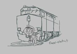 Size: 500x348 | Tagged: safe, ponerpics import, oc, oc:anon filly, earth pony, pony, aggie.io, clothes, female, filly, foal, hat, mare, monochrome, simple background, smiling, train, train tracks