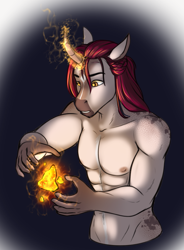 Size: 663x902 | Tagged: safe, artist:blackblood-queen, oc, oc only, oc:victor quartz, anthro, unguligrade anthro, unicorn, abs, alternate universe, anthro oc, clothes, curved horn, digital art, glowing, glowing horn, horn, magic, male, nudity, pants, partial nudity, simple background, solo, stallion, topless, unicorn oc