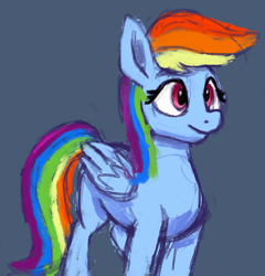 Size: 1579x1643 | Tagged: safe, artist:dummyhorse, derpibooru import, rainbow dash, pegasus, pony, blue background, eyebrows, eyebrows visible through hair, eyelashes, feathered wings, female, folded wings, mare, simple background, smiling, solo, standing, wings