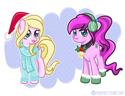 Size: 1024x781 | Tagged: safe, artist:redpalette, derpibooru import, oc, oc only, oc:chuckles, oc:violet ray, earth pony, abstract background, boots, christmas, clothes, cute, earmuffs, earth pony oc, female, hat, holiday, mare, santa hat, scarf, shoes, simple background, smiling, snow, white background, winter outfit