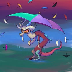 Size: 1000x1000 | Tagged: safe, artist:senx, derpibooru import, discord, draconequus, animated, big eyelashes, chaos, eyebrows, gif, nostalgia, puddle, rain, slouching, solo, surreal, umbrella, water