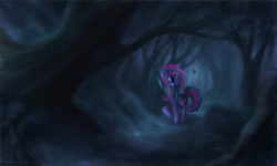 Size: 2000x1196 | Tagged: safe, artist:alicekvartersson, derpibooru import, butterfly, earth pony, pony, crepuscular rays, dark forest, forest, solo