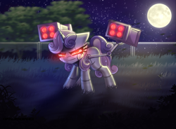 Size: 2880x2120 | Tagged: safe, artist:opal_radiance, derpibooru import, sweetie belle, sweetie bot, pony, robot, unicorn, angry, bot, glowing, glowing eyes, missile launcher, red eyes, solo