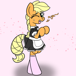 Size: 2000x2000 | Tagged: safe, artist:dafiltafish, derpibooru import, applejack, earth pony, pony, alternate hairstyle, clothes, cute, dress, hatless, jackabetes, looking at you, maid, missing accessory, nya, one eye closed, pink background, pink socks, simple background, wink, winking at you