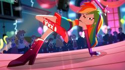 Size: 3410x1920 | Tagged: safe, derpibooru import, edit, edited screencap, screencap, aqua blossom, blueberry cake, cloudy kicks, golden hazel, heath burns, indigo wreath, mystery mint, nolan north, rainbow dash, rose heart, teddy t. touchdown, eqg summertime shorts, equestria girls, raise this roof, armpits, background human, balloon, bare shoulders, belt, boots, breakdancing, breasts, canterlot high, clothes, cutie mark on clothes, dance floor, dancing, devil horn (gesture), dress, faic, fall formal outfits, female, fingerless gloves, flipped, gloves, high res, male, rainbow dash is best facemaker, sexy, shoes, sleeveless, smiling, smirk, smug, smugdash, solo focus, speaker
