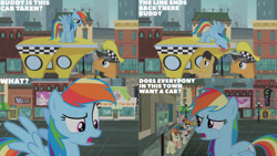 Size: 1280x720 | Tagged: safe, derpibooru import, edit, edited screencap, editor:quoterific, screencap, blueberry curls, bubblegum blossom, cherry cola, cherry fizzy, joan pommelway, luckette, lucky breaks, pegasus olsen, rainbow dash, roger silvermane, sterling silver, strawberry ice, earth pony, pegasus, pony, rarity takes manehattan, season 4, business savvy, female, male, mare, open mouth, peggy holstein, rain, spread wings, stallion, taxi pony, text, wings