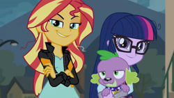 Size: 3410x1920 | Tagged: safe, derpibooru import, screencap, sci-twi, spike, spike the regular dog, sunset shimmer, twilight sparkle, dog, equestria girls, friendship games, clothes, crossed arms, female, glasses, high res, jacket, leather, leather jacket, male, smiling, smirk, trio