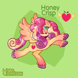 Size: 1440x1440 | Tagged: safe, artist:seasemissary, derpibooru import, oc, oc only, oc:honey crisp, pegasus, pony, female, full body, hair over one eye, mare, offspring, open mouth, open smile, parent:big macintosh, parent:princess cadance, parents:cadmac, pegasus oc, signature, smiling, solo, spread wings, unshorn fetlocks, wings