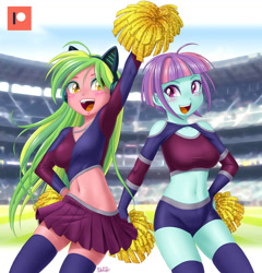 Size: 1200x1248 | Tagged: safe, artist:uotapo, derpibooru import, lemon zest, sunny flare, equestria girls, adoraflare, belly button, breasts, cheerleader, cheerleader outfit, clothes, cute, duo, duo female, female, midriff, open mouth, pom pom, socks, stockings, thigh highs, zestabetes