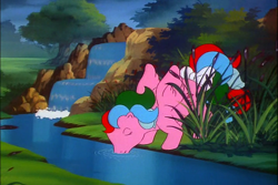 Size: 718x480 | Tagged: safe, derpibooru import, screencap, whizzer, pegasus, pony, fugitive flowers, g1, my little pony 'n friends, bow, female, mare, solo, tail, tail bow, water, waterfall