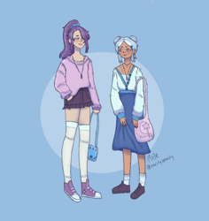 Size: 640x678 | Tagged: safe, artist:raritybearity, derpibooru import, starlight glimmer, trixie, human, clothes, converse, duo, duo female, female, humanized, kneesocks, lesbian, purse, shipping, shoes, sneakers, socks, startrix