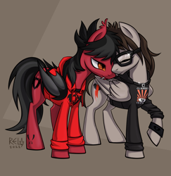 Size: 2587x2667 | Tagged: safe, artist:relisreal, derpibooru import, bat pony, pegasus, pony, bat wings, clandestine industries, clothes, commission, duo, duo male, ear fluff, ears, emo, fall out boy, fangs, folded wings, gay, glasses, hoodie, jewelry, male, mikey way, my chemical romance, necklace, nuzzling, pete wentz, ponified, raised hoof, raised leg, shipping, shirt, slit eyes, stallion, tattoo, undershirt, wings, wristband, ych result