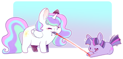 Size: 4096x1969 | Tagged: safe, artist:cutepencilcase, derpibooru import, princess celestia, twilight sparkle, unicorn twilight, alicorn, pony, unicorn, abstract background, behaving like a cat, chibi, duo, gradient background, laser pointer, mouth hold, potato pony