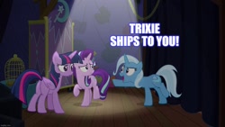 Size: 1280x720 | Tagged: safe, derpibooru import, edit, edited screencap, screencap, starlight glimmer, trixie, twilight sparkle, caption, female, image macro, lesbian, meme, shipping, text, twistarlight