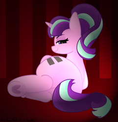 Size: 3475x3611 | Tagged: safe, artist:pabbley, artist:rainbowšpekgs, derpibooru import, starlight glimmer, pony, unicorn, butt, dock, equal cutie mark, female, frog (hoof), glimmer glutes, high res, hooves, looking at you, lying, lying down, mare, on side, plot, rear view, s5 starlight, smiling, smirk, smug, solo, tail, thick, underhoof