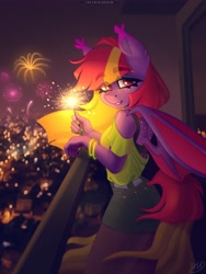 Size: 3077x4096 | Tagged: safe, artist:irinamar, derpibooru import, oc, oc only, anthro, bat pony, balcony, eyebrows, eyebrows visible through hair, female, fireworks, looking at you, night, solo, sparkler (firework)