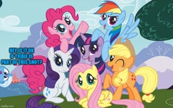 Size: 800x500 | Tagged: safe, derpibooru import, edit, edited screencap, screencap, trixie, mane six opening poses, photobombing trixie