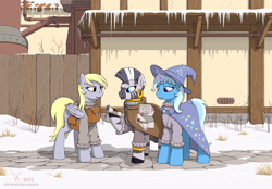 Size: 1745x1215 | Tagged: safe, artist:eriada, derpibooru import, derpy hooves, trixie, zecora, earth pony, pegasus, pony, unicorn, zebra, bag, clothes, letter, magic, saddle bag, scroll, smiling, snow, telekinesis