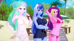 Size: 1920x1080 | Tagged: safe, artist:hornydogo, derpibooru import, dean cadance, princess cadance, princess celestia, princess luna, principal celestia, vice principal luna, equestria girls, 3d, arm behind head, armpits, beach, bikini, breasts, clothes, koikatsu, one-piece swimsuit, princess balloona, princess breastia, princess cansdance, swimsuit, trio