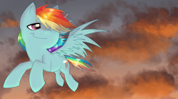 Size: 2300x1289 | Tagged: safe, artist:zeffdakilla, derpibooru import, rainbow dash, pegasus, pony, cloud, flying, scene, scenery, smiling, solo, spread wings, wings