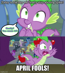 Size: 500x560 | Tagged: safe, edit, edited screencap, editor:spikeabuser, screencap, spike, dragon, horse play, it ain't easy being breezies, april fools, april fools 2022, april fools day, booing, food, male, speech bubble, spikeabuse, stage, text, tomato, tomatoes