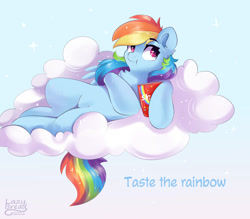Size: 1280x1120 | Tagged: safe, artist:verylazybread, derpibooru import, rainbow dash, pegasus, pony, candy, chest fluff, cloud, cute, dashabetes, ear fluff, ears, eating, female, food, lying down, mare, on a cloud, on back, skittles, solo