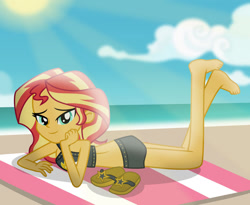 Size: 1024x839 | Tagged: safe, artist:emeraldblast63, derpibooru import, sunset shimmer, better together, equestria girls, forgotten friendship, bare shoulders, barefoot, beach towel, feet, female, sandals, shoes removed, sleeveless, solo, sunset shimmer's beach shorts swimsuit, the pose