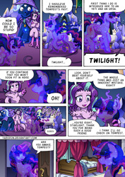 Size: 1204x1700 | Tagged: safe, artist:tarkron, derpibooru import, spike, starlight glimmer, storm king, tantabus, tempest shadow, trixie, twilight sparkle, bear, unicorn, ursa, ursa minor, yeti, comic:shadows of the past (tarkron), series:creature-verse, my little pony: the movie, bearified, broken horn, cape, clothes, collar, comic, commission, growth, hat, horn, indoors, post traumatic stress disorder, ptsd, scar, size difference, species swap, speech bubble, spoon, storm creature, tantabus sparkle, tantabusified, trixie's cape, trixie's hat, twilight's castle, ursa trixie