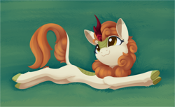 Size: 3938x2408 | Tagged: safe, artist:dusthiel, derpibooru import, autumn blaze, kirin, :3, awwtumn blaze, behaving like a cat, cute, female, grass, green background, lying down, lying in grass, lying on the ground, on ground, simple background, smiling, solo