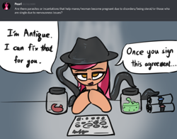 Size: 1978x1553 | Tagged: safe, artist:bumpywish, derpibooru import, oc, oc only, oc:antique, earth pony, pony, bedroom eyes, dialogue, digital art, female, hat, looking at you, open mouth, parasite, solo, speech bubble, talking, tentacles, text, this will end in pregnancy