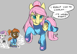 Size: 932x665 | Tagged: safe, artist:bigsnoofa, artist:horsepen, ponerpics import, button mash, fluttershy, sweetie belle, earth pony, pegasus, pony, unicorn, aggie.io, alternate hairstyle, aquamarine eyes, blush sticker, blushing, camera, catsuit, clothes, cosplay, costume, crossdressing, dialogue, female, folded wings, gray background, grin, hair tie, latex, latex suit, looking at you, male, mare, metroid, open mouth, pink mane, pink tail, ponytail, raised hoof, raised leg, sheepish grin, simple background, smiling, smiling at you, speech bubble, stallion, talking, talking to viewer, teeth, trio, video game, yellow coat, zero suit