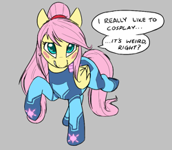 Size: 737x643 | Tagged: safe, artist:bigsnoofa, ponerpics import, fluttershy, pegasus, pony, aggie.io, alternate hairstyle, aquamarine eyes, blush sticker, blushing, catsuit, clothes, cosplay, costume, dialogue, female, folded wings, gray background, grin, hair tie, looking at you, mare, metroid, pink mane, pink tail, ponytail, raised hoof, raised leg, sheepish grin, simple background, smiling, smiling at you, solo, speech bubble, talking, talking to viewer, teeth, video game, yellow coat, zero suit